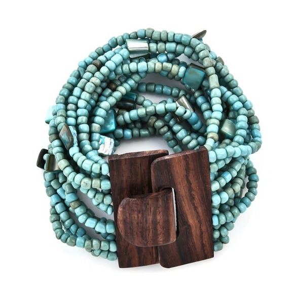 Stretchy Chunky Blue Seed Bead Necklace Bracelet Wooden Clasp Necklace Strands - Picture 2 of 8